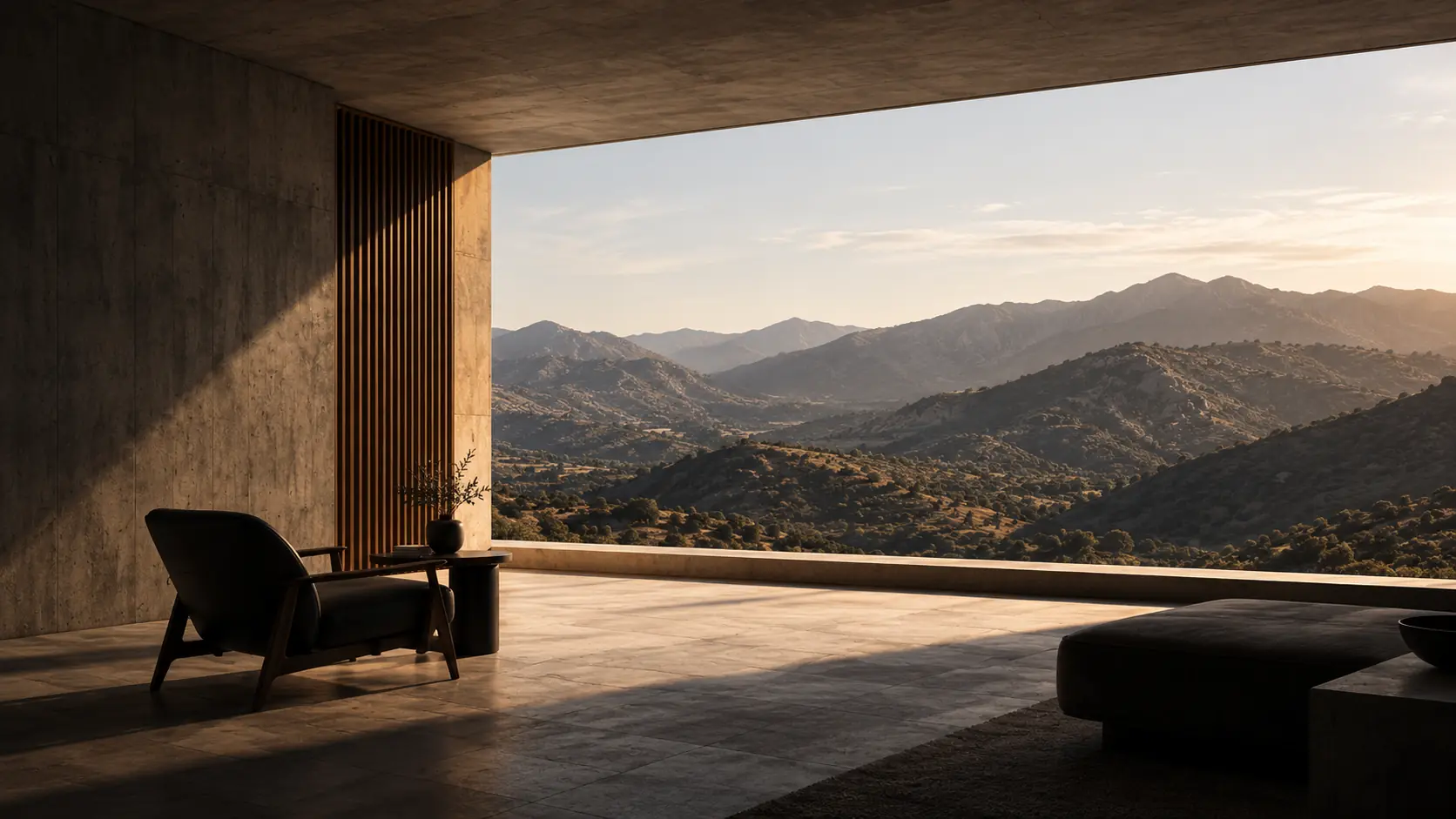 Interior contemporâneo aberto para uma paisagem de montanhas